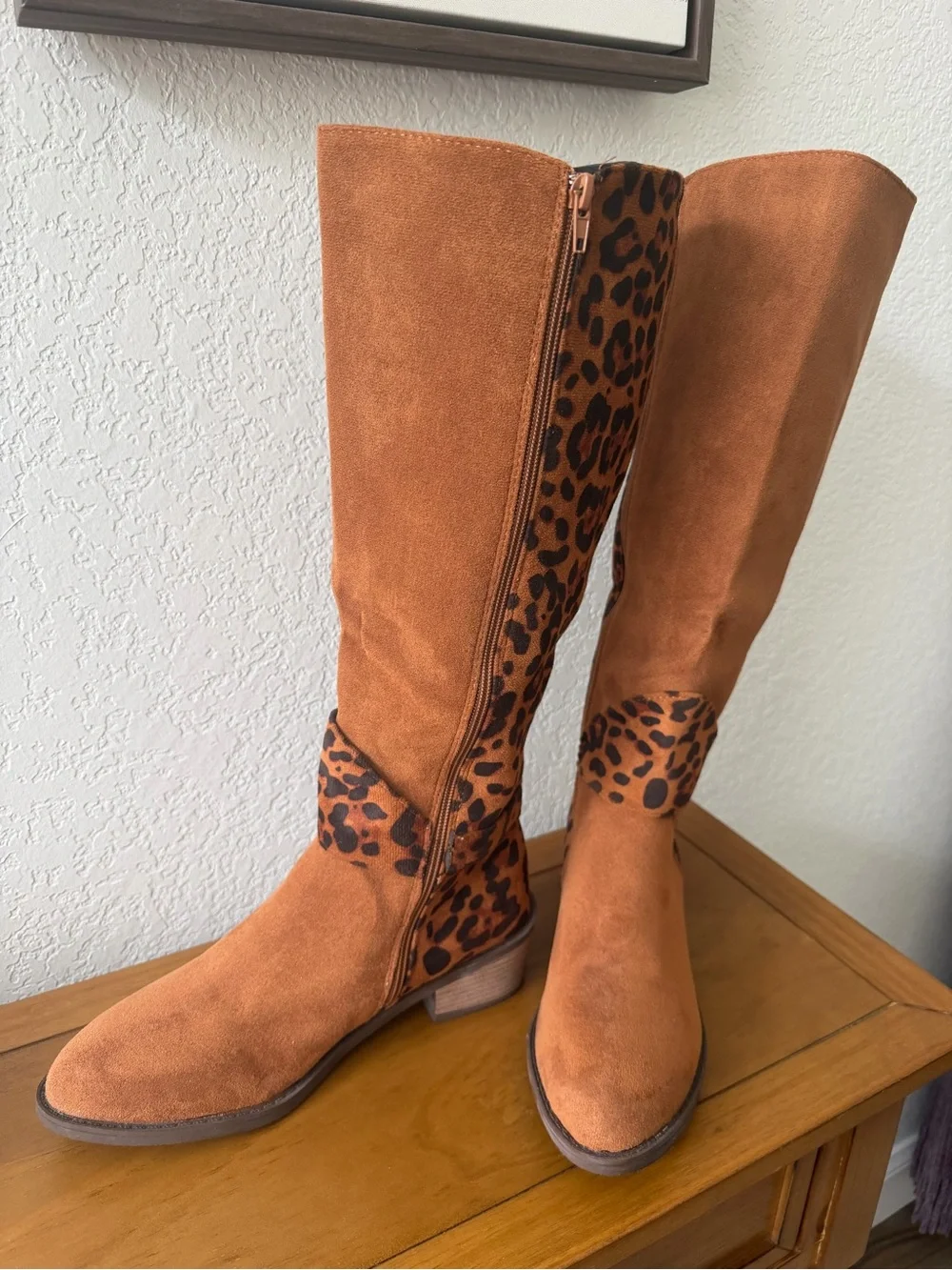 Women's Tall Brown Faux Suede Boots with Leopard Accent